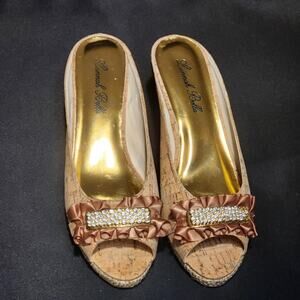 Lunnah Bella Y2K brown & tan cork wedge sandals with ruffled bow and rhinestone